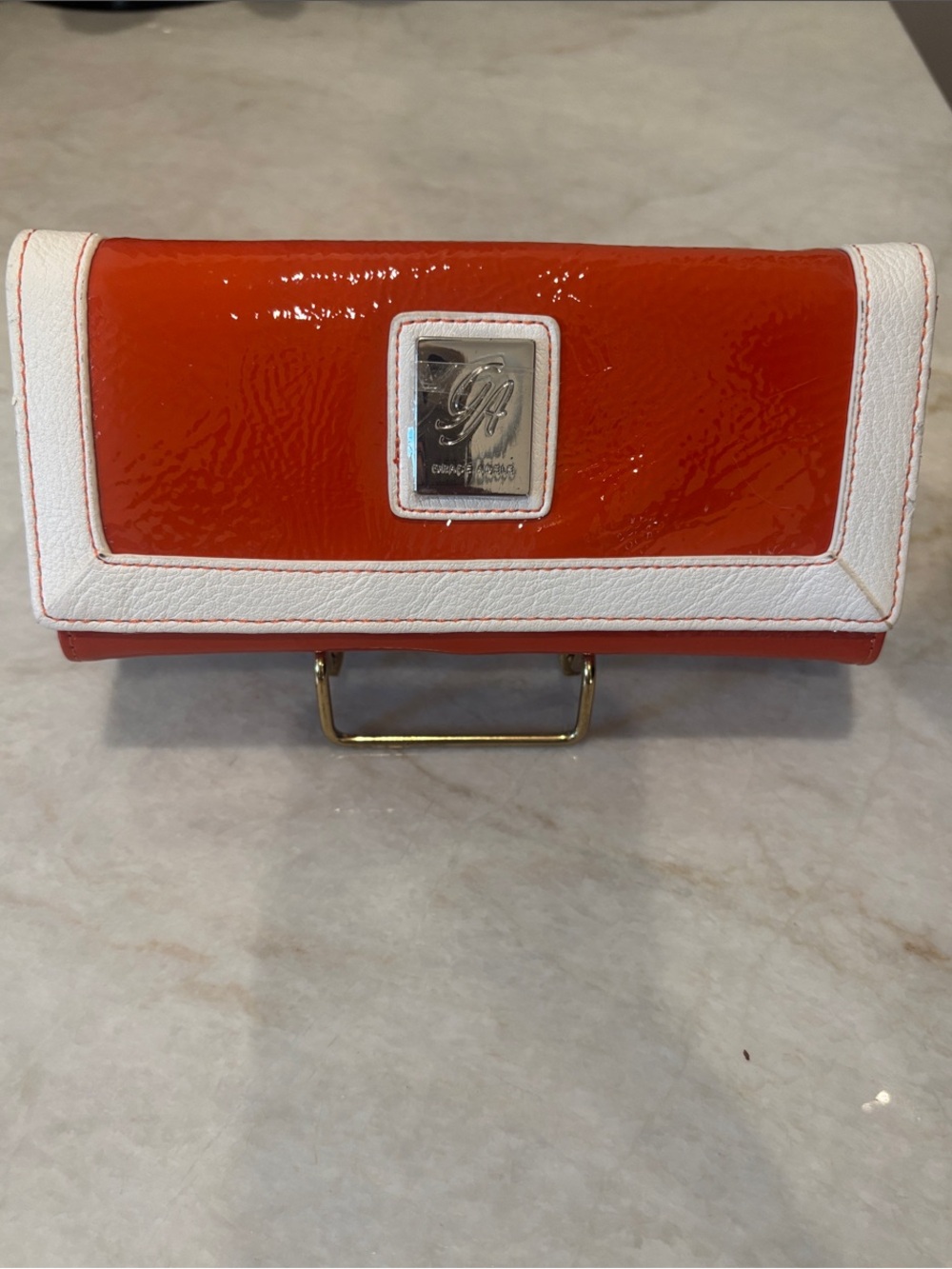 Grace Adele Orange Patent Continental Wallet with White Trim